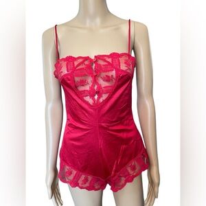 Formfit Vintage 70s Red Sheer Romantic Lace Button Up Lingerie Romper Teddie